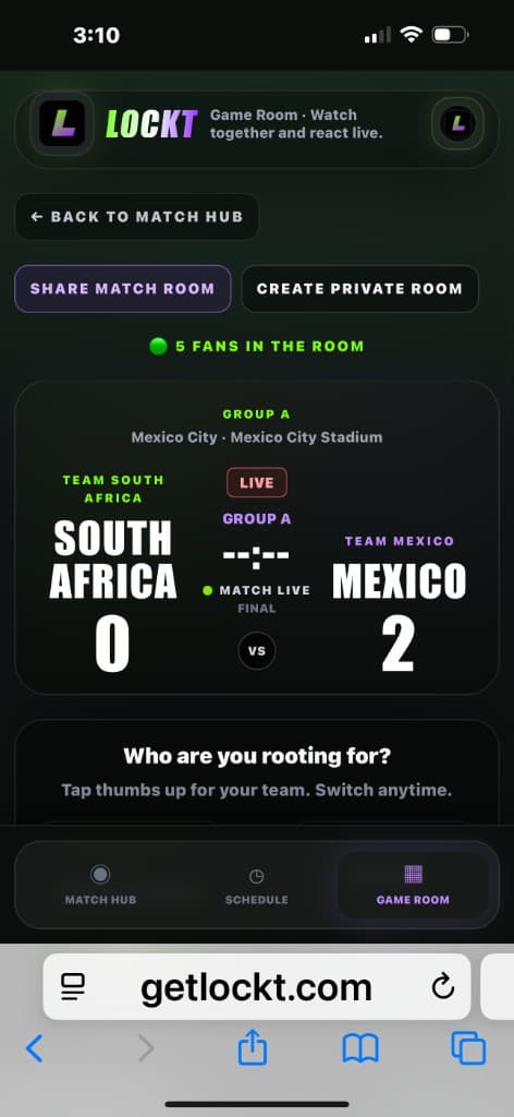 Lockt Game Room live scoreboard showing Mexico 2 – South Africa 0